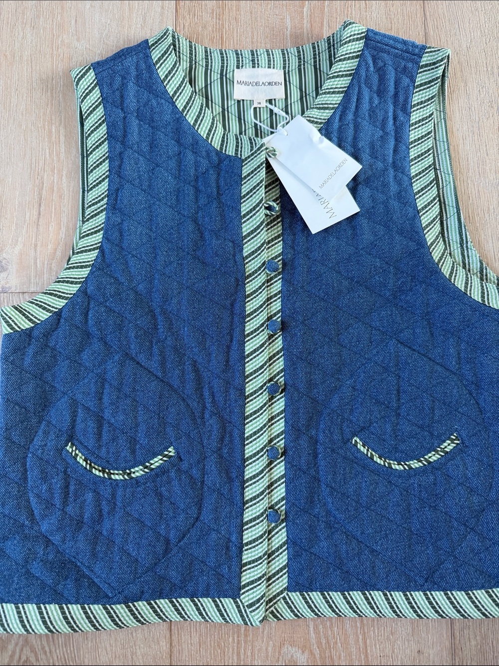 Maria de la Oren Quilted Denim-Blue Vest with Green Striped Trim